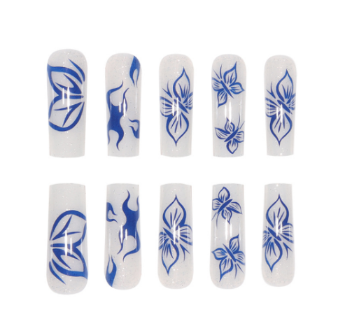(24 PCS)( Nail Blue Butterfly ) Long Length Long Water Pipe Fake Nails Square Had Nail Tips False Nail Girl