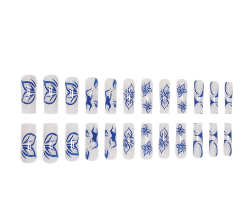 (24 PCS)( Nail Blue Butterfly ) Long Length Long Water Pipe Fake Nails Square Had Nail Tips False Nail Girl