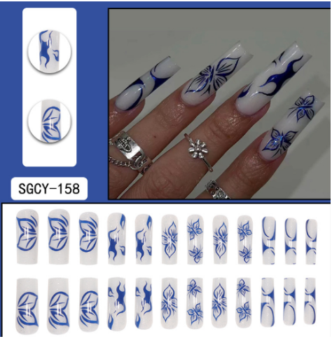 (24 PCS)( Nail Blue Butterfly ) Long Length Long Water Pipe Fake Nails Square Had Nail Tips False Nail Girl