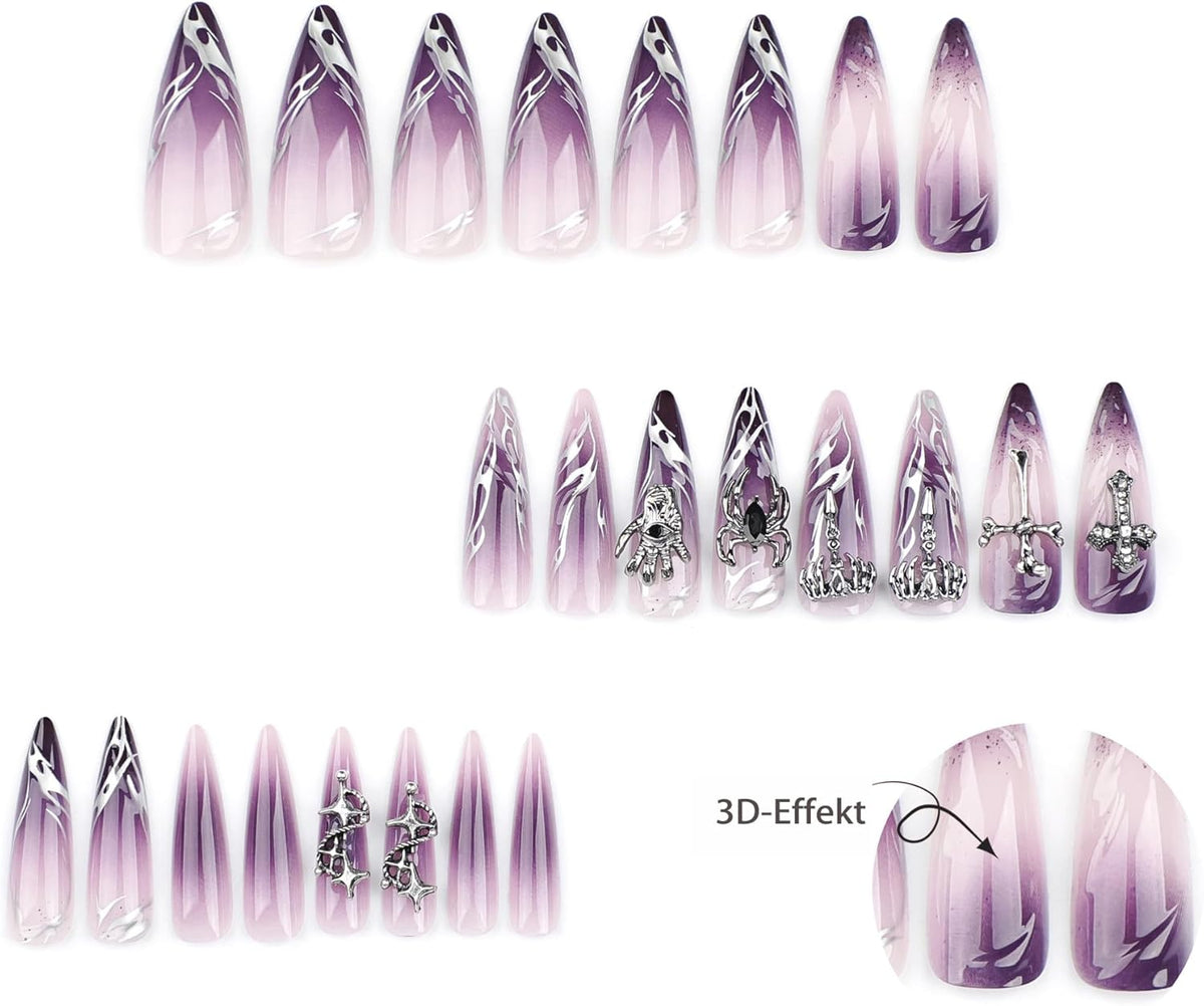 Halloween spicy and sweet cool nail art, French flame cross nail art, purple gradient series spider nail tips fake nails
