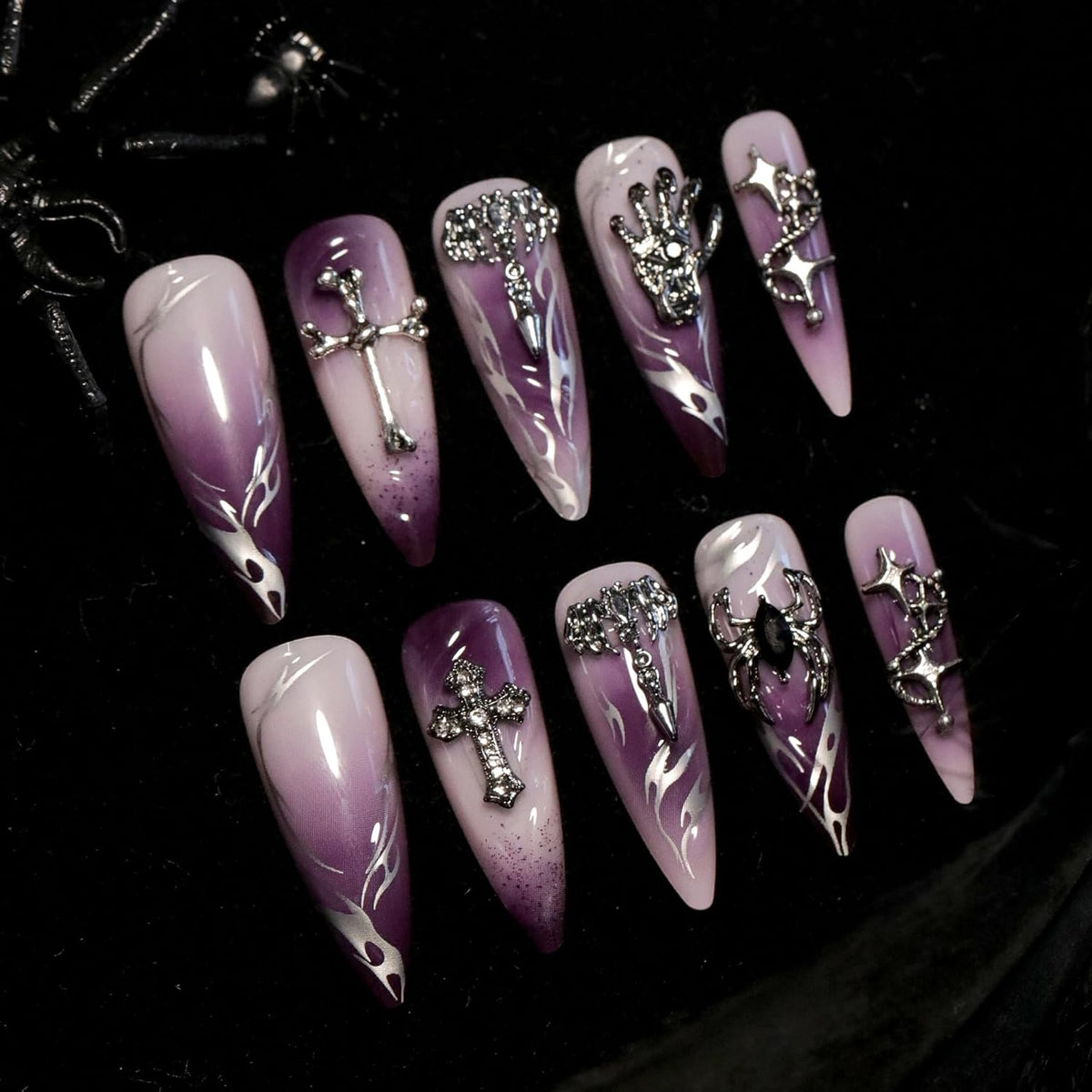 Halloween spicy and sweet cool nail art, French flame cross nail art, purple gradient series spider nail tips fake nails