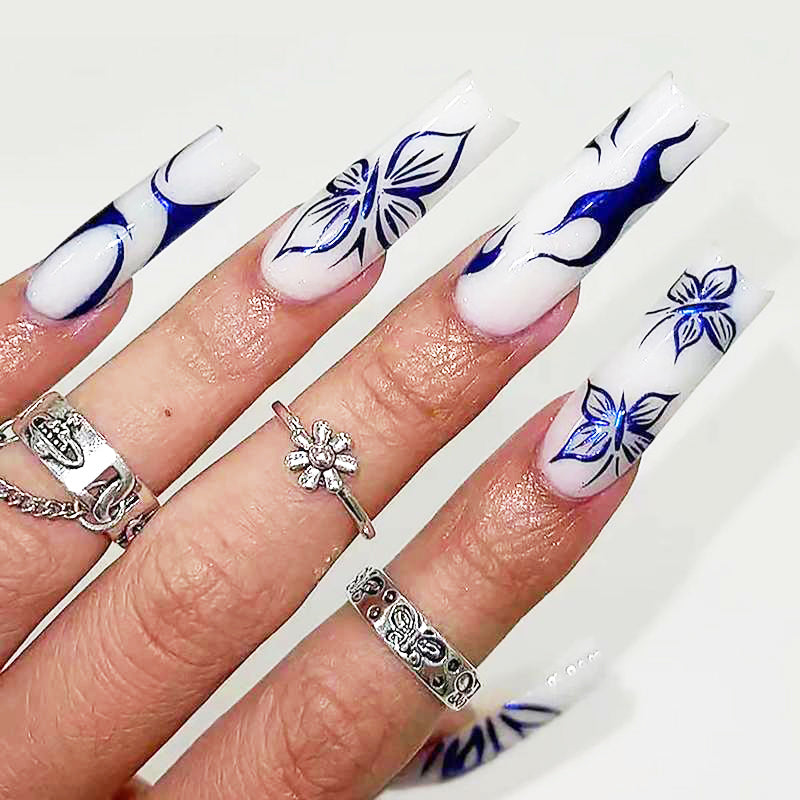 (24 PCS)(  Nail Blue Butterfly ) Long Length Long Water Pipe Fake Nails Square Had Nail Tips False Nail Girl